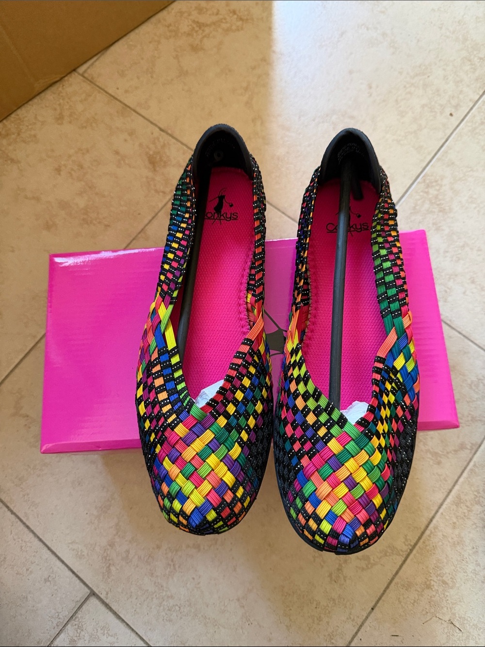Corkys Rainbow Woven Flats with Black Trim